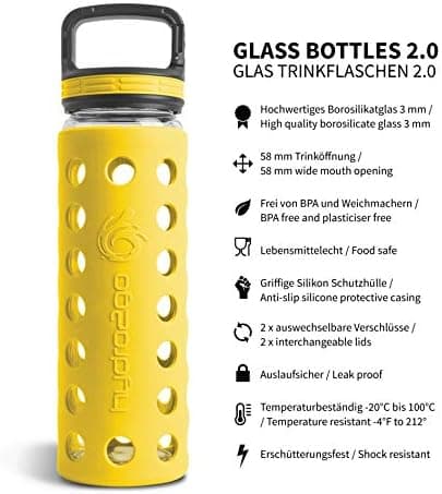 Hydro2go Glas-Trinkflasche mit Silikonhülle – Spülmaschinenfest, 100% Auslaufsicher & BPA-frei – Ideal für Kinder & Fami