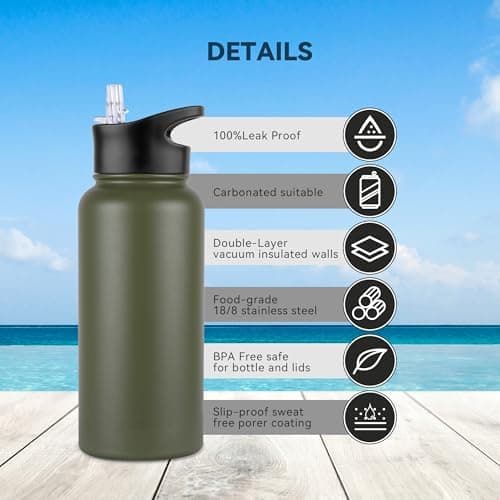 Edelstahl Trinkflasche - 1L - mit Strohhalm, BPA frei Thermosflasche,Vakuum Doppelwandisolierung für Sport,Schule und Fa