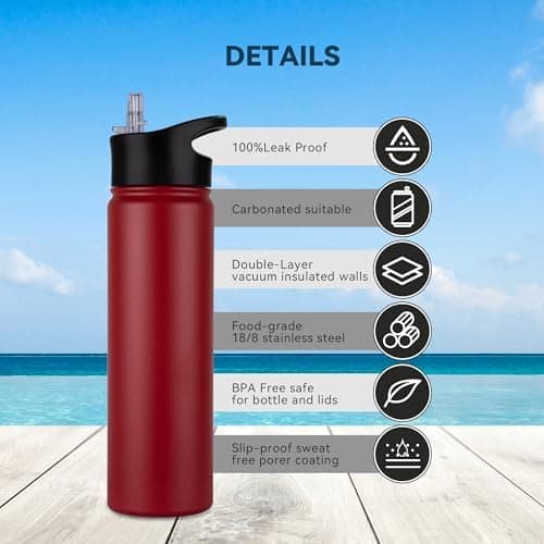 Edelstahl Trinkflasche - 1L - mit Strohhalm, BPA frei Thermosflasche,Vakuum Doppelwandisolierung für Sport,Schule und Fa