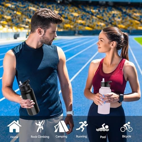 Edelstahl Trinkflasche - 1L - mit Strohhalm, BPA frei Thermosflasche,Vakuum Doppelwandisolierung für Sport,Schule und Fa