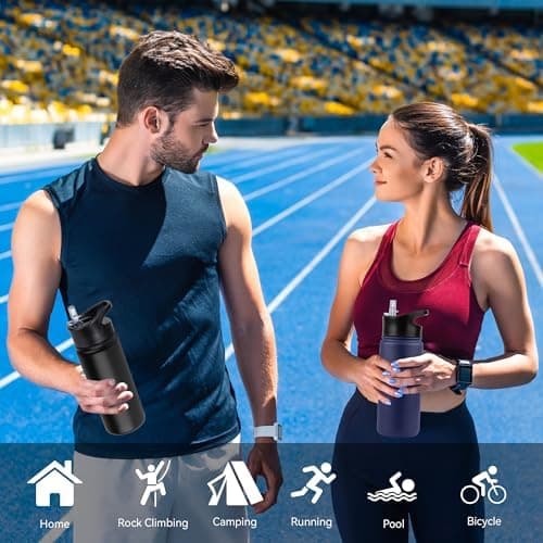 Edelstahl Trinkflasche - 1L - mit Strohhalm, BPA frei Thermosflasche,Vakuum Doppelwandisolierung für Sport,Schule und Fa