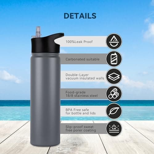Edelstahl Trinkflasche - 1L - mit Strohhalm, BPA frei Thermosflasche,Vakuum Doppelwandisolierung für Sport,Schule und Fa