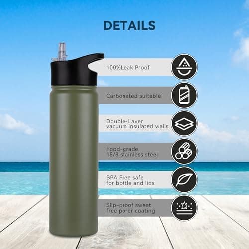Edelstahl Trinkflasche - 1L - mit Strohhalm, BPA frei Thermosflasche,Vakuum Doppelwandisolierung für Sport,Schule und Fa