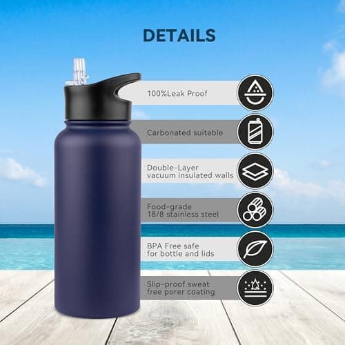 Edelstahl Trinkflasche - 1L - mit Strohhalm, BPA frei Thermosflasche,Vakuum Doppelwandisolierung für Sport,Schule und Fa