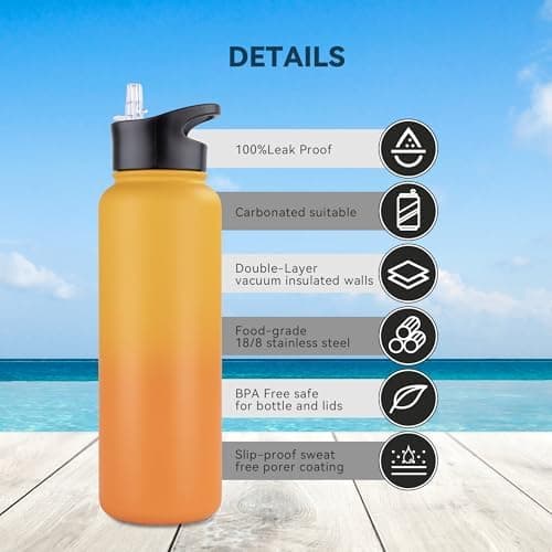 Edelstahl Trinkflasche - 1L - mit Strohhalm, BPA frei Thermosflasche,Vakuum Doppelwandisolierung für Sport,Schule und Fa