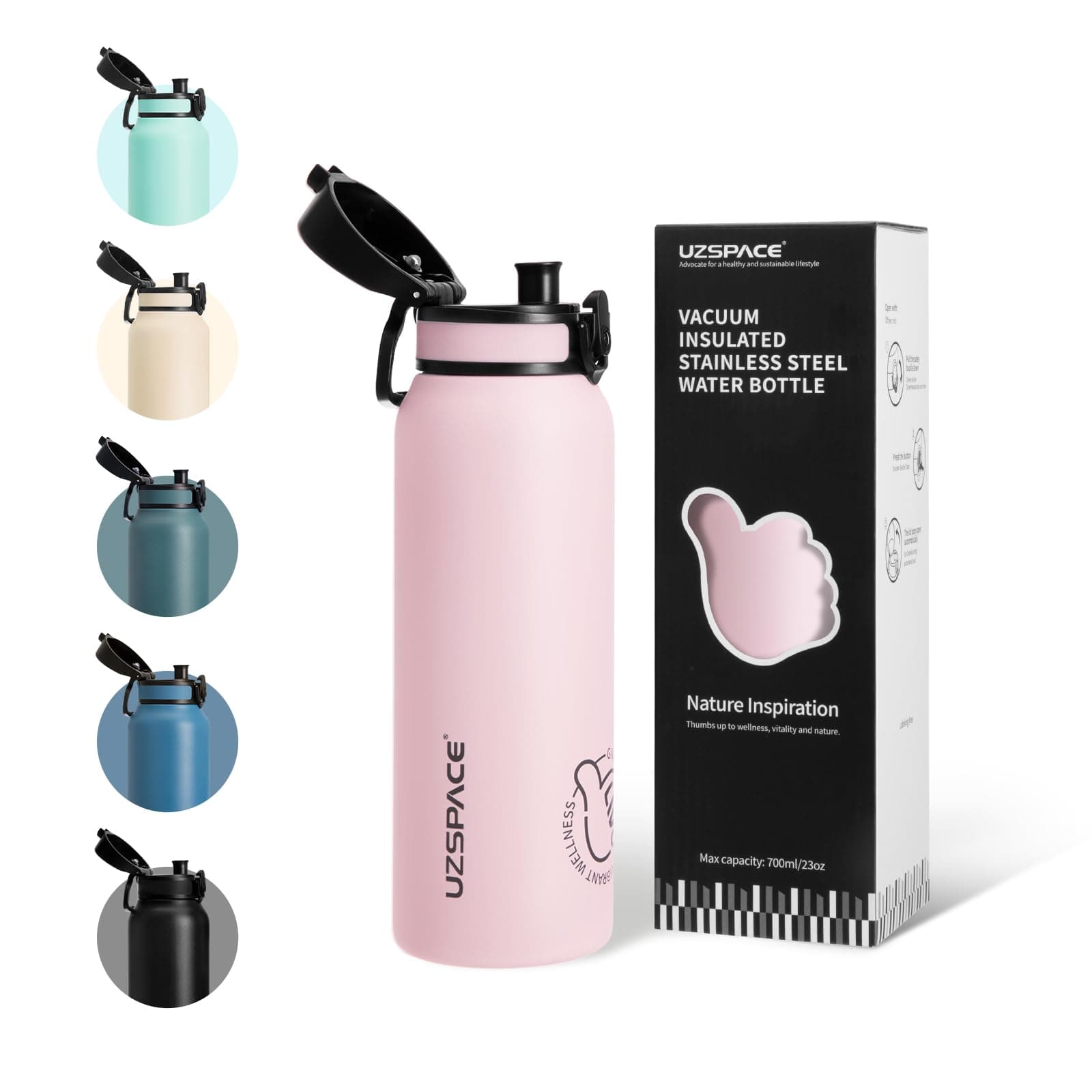 UZSPACE Blütenrosa Isolierte Edelstahl Thermosflasche für Kinder 700ml - 100% Auslaufsicher, 1-Klick-Öffnung, Ideal für