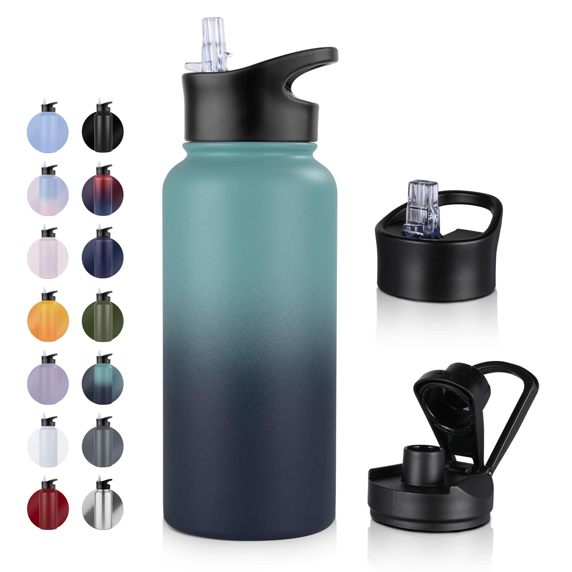 Edelstahl Trinkflasche - 1L - mit Strohhalm, BPA frei Thermosflasche,Vakuum Doppelwandisolierung für Sport,Schule und Fa
